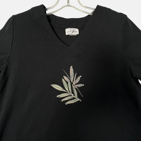 Vintage Hand Painted T Shirt Rhinestones Padded Sholuders Black Womens Large L - Picture 2 of 9